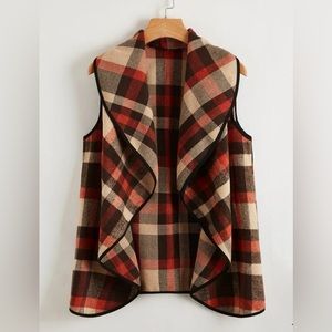 Cute Waterfall Collar Contrast Binding Plaid Sleeveless Vest Size Small